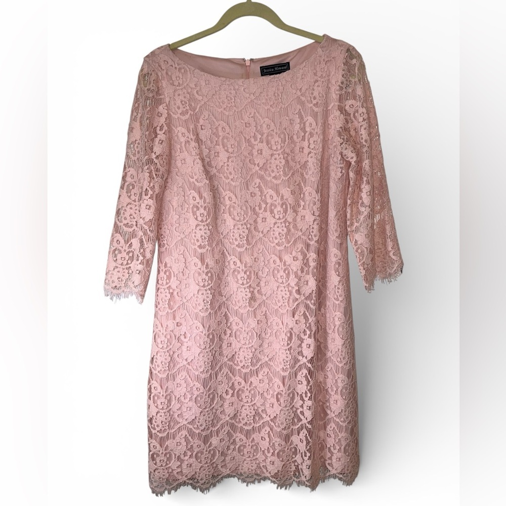Jessica Howard Blush Pink Lace Dress 3/4 Sleeve Knee Length Size 12 - Picture 3 of 10